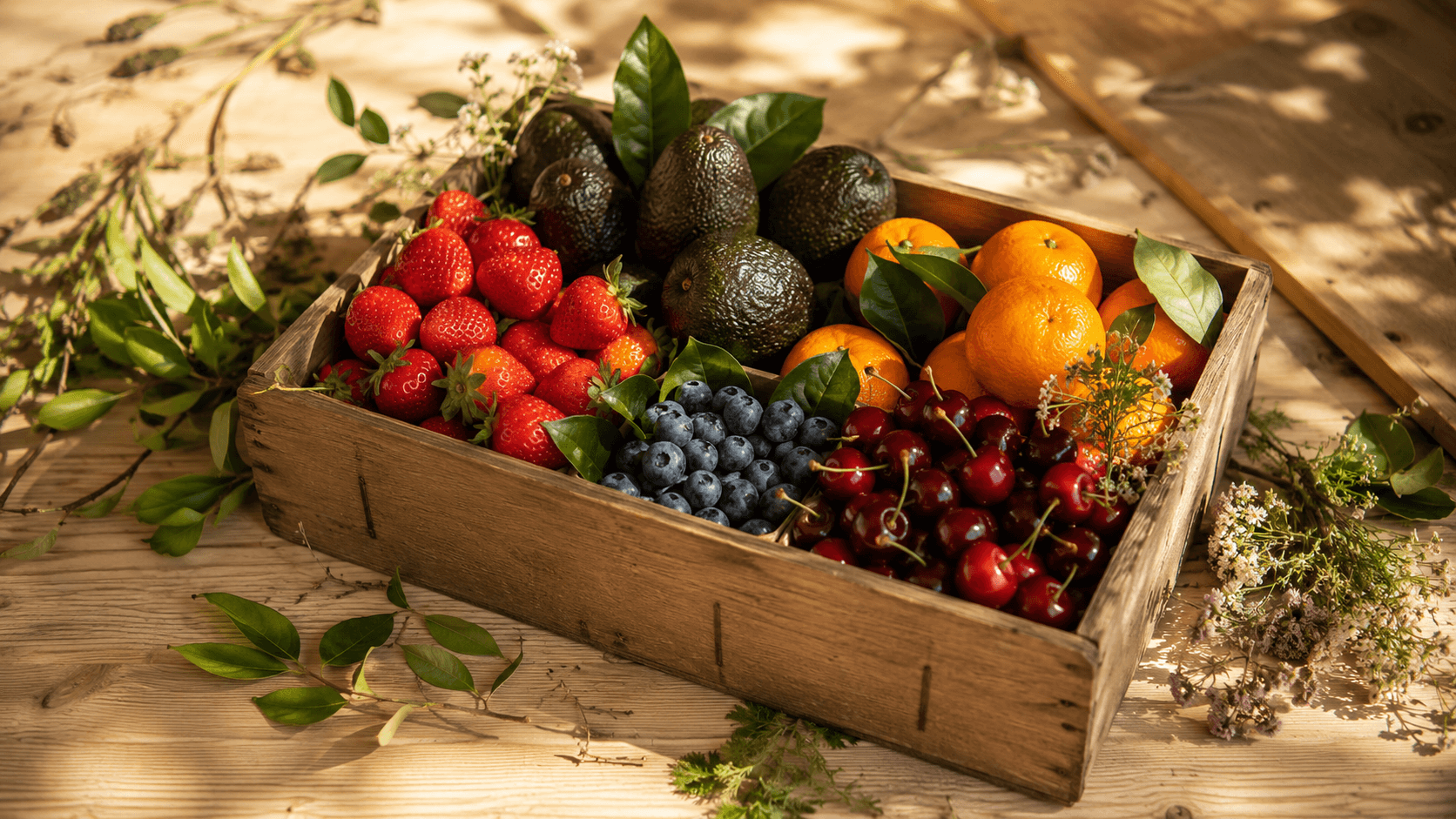Caja de frutas frescas con hierbas silvestres
